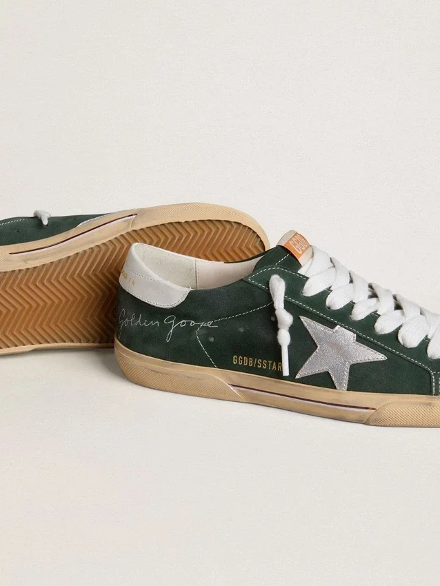 Męskie buty Super-Star z zielonego zamszu ze srebrną metaliczną gwiazdą ze skóry i skórzaną wstawką na pięcie