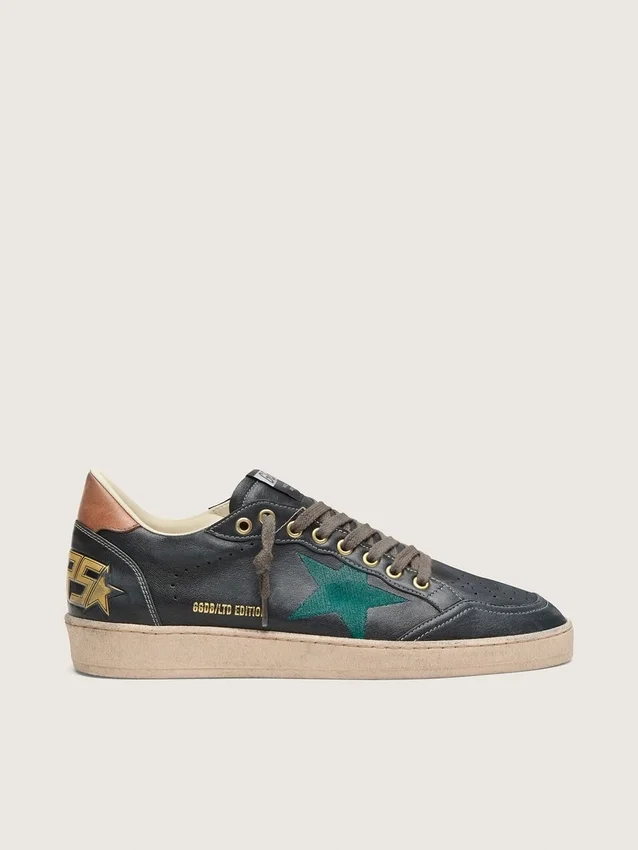 Męskie sneakersy Ball Star LTD z czarnej skóry z zieloną haftowaną gwiazdą