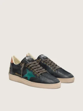 Męskie sneakersy Ball Star LTD z czarnej skóry z zieloną haftowaną gwiazdą