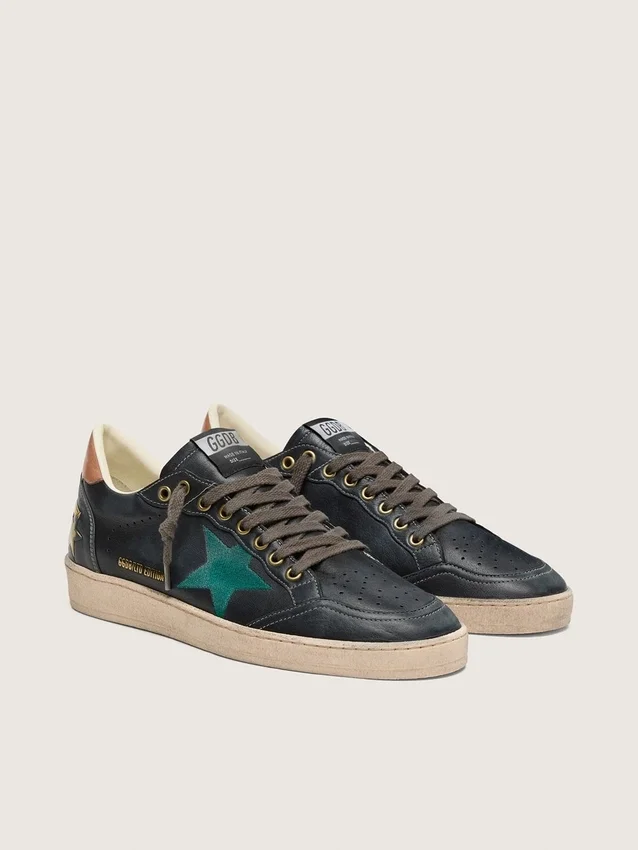 Męskie sneakersy Ball Star LTD z czarnej skóry z zieloną haftowaną gwiazdą