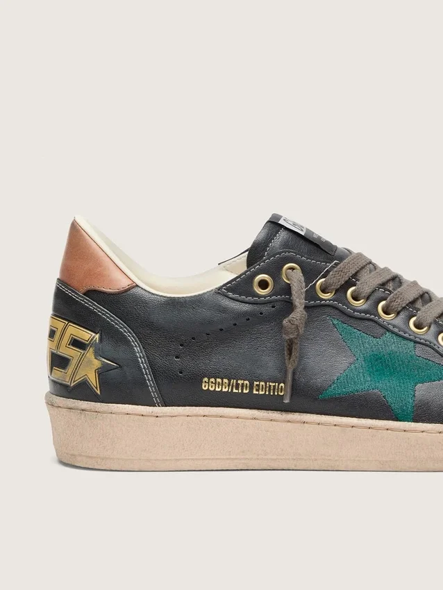 Męskie sneakersy Ball Star LTD z czarnej skóry z zieloną haftowaną gwiazdą