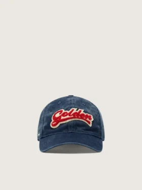 Niebieska czapka baseballowa z dżinsu z czerwono-białą naszywką „Golden” z frotte