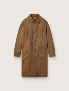 Płaszcz typu trench unisex z brązowego, woskowanego twillu z skórzanymi detalami