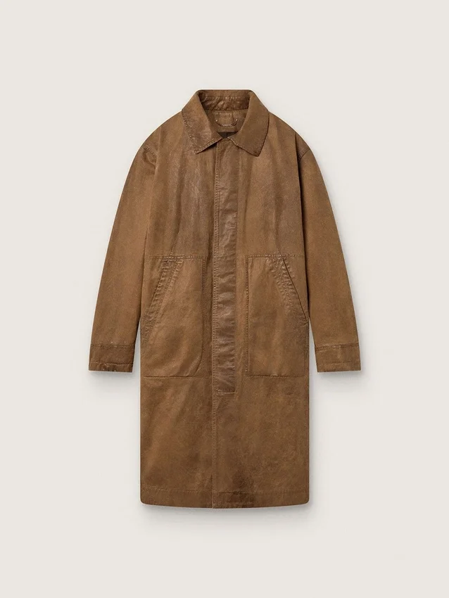 Płaszcz typu trench unisex z brązowego, woskowanego twillu z skórzanymi detalami