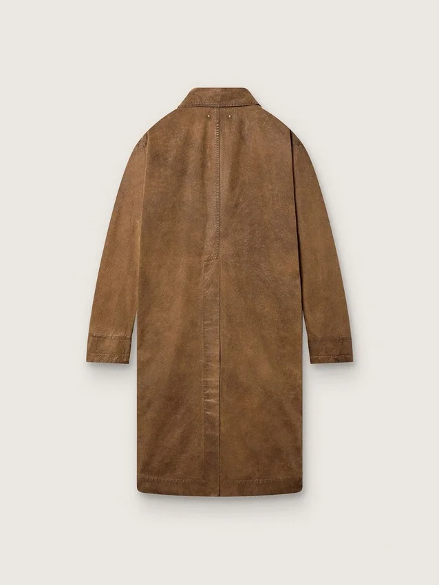 Płaszcz typu trench unisex z brązowego, woskowanego twillu z skórzanymi detalami