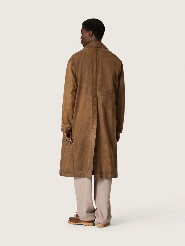 Płaszcz typu trench unisex z brązowego, woskowanego twillu z skórzanymi detalami