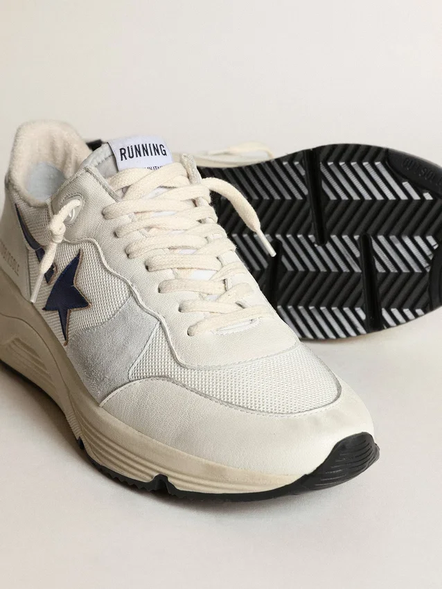 Running Sole z białej skóry i siateczki z niebieską gwiazdą z laminowanej skóry