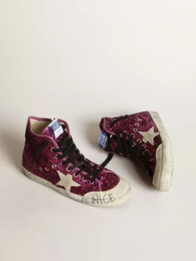 Sneakersy Francy z cekinami i ręcznie pisanym napisem na podeszwie zewnętrznej