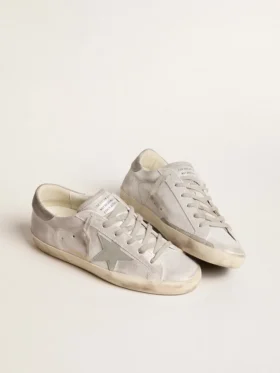 Sneakersy Super-Star z szaro-białej skóry z efektem brokatu i skórzaną gwiazdką