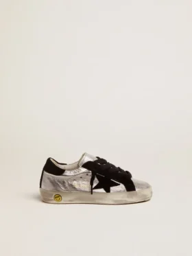 Sneakersy Super-Star ze srebrnej skóry z zamszowymi wstawkami