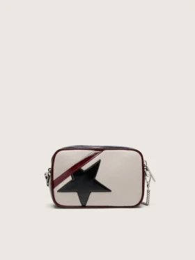 Star Bag Mini z białej jak masło skóry z czarną gwiazdą oraz bordowymi i ciemnoniebieskimi detalami