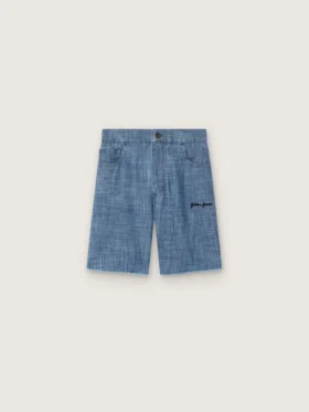 Szorty unisex Journey z jasnoniebieskiej bawełny typu chambray z haftowanym logo