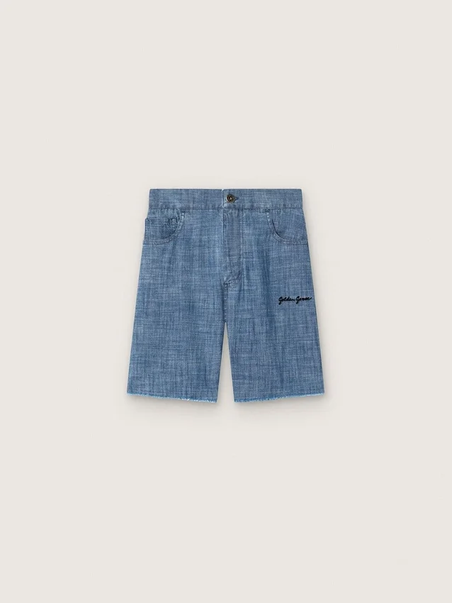 Szorty unisex Journey z jasnoniebieskiej bawełny typu chambray z haftowanym logo