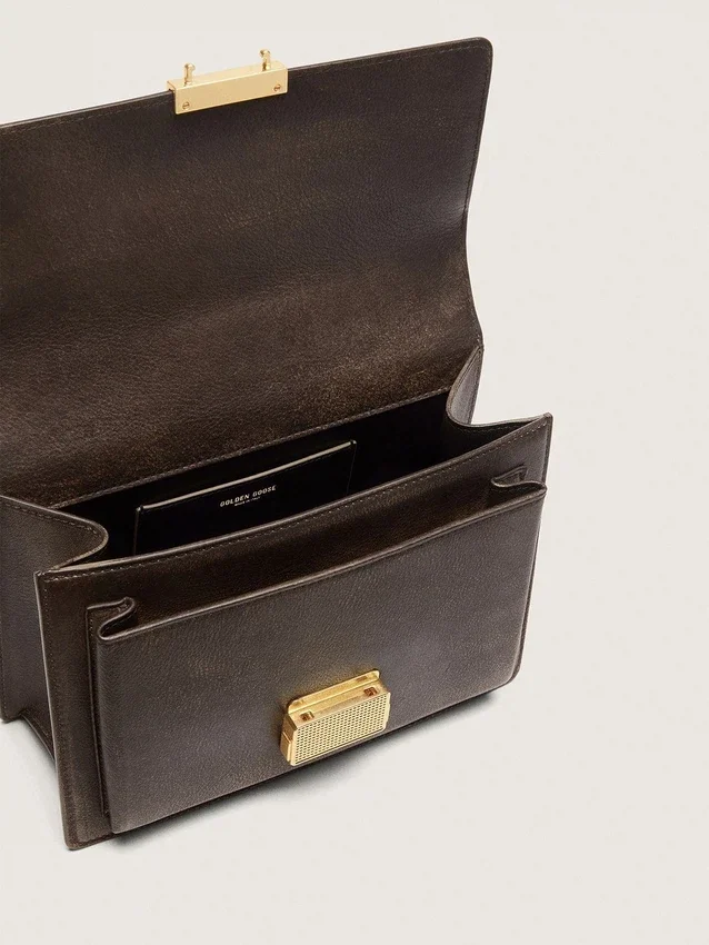 Torebka Venezia z vintage'owej ciemnobrązowej skóry tłoczonej ze złotymi detalami