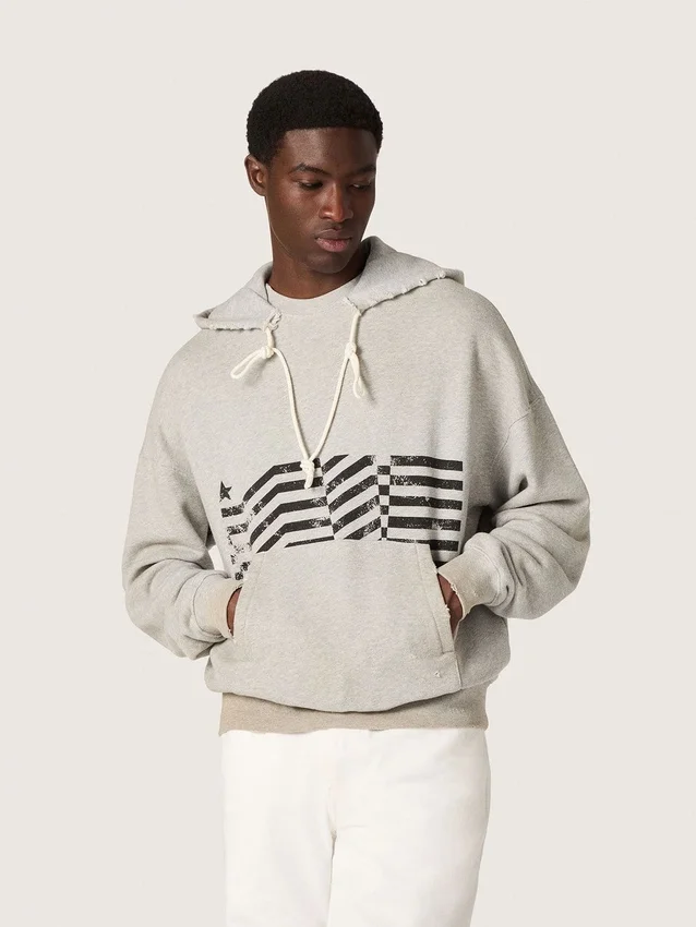 Unisexowa bluza z kapturem z szarej bawełny z nadrukiem flagi w stylu vintage