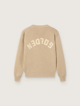 Unisexowy sweter dla dzieci w kolorze złotego beżu z prążkowanym wzorem i logo z tyłu