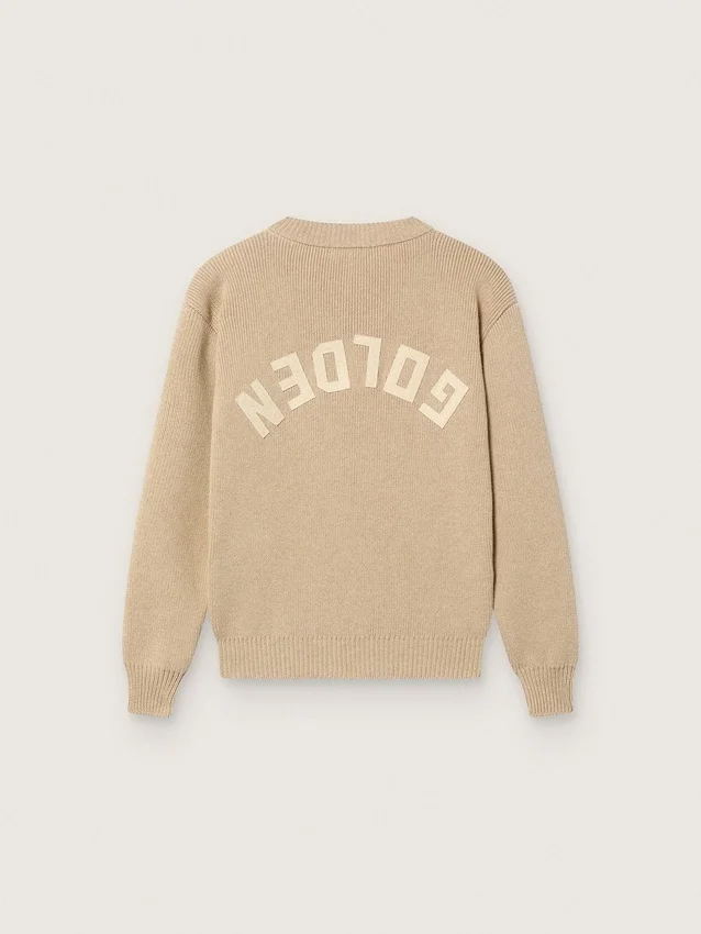 Unisexowy sweter dla dzieci w kolorze złotego beżu z prążkowanym wzorem i logo z tyłu